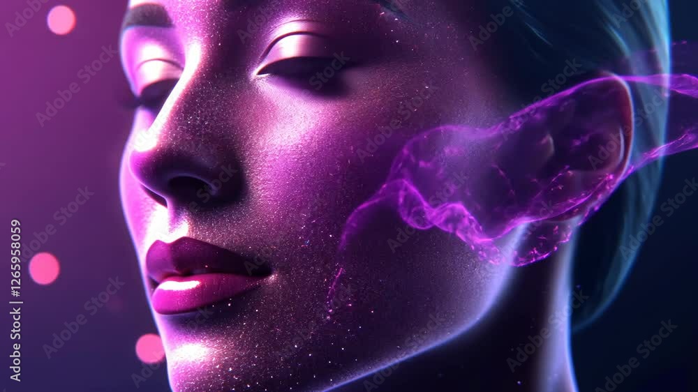 Beautiful woman with glowing skin and colorful light effects captures a mesmerizing moment in a creative art setting Beautiful woman with glowing skin and colorful light effects captures a mesmerizing moment in a creative art setting
