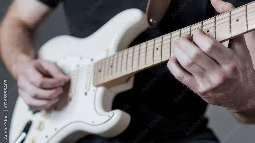 Fototapeta premium Man playing white electric guitar, close-up, studio shot. Possible use Music education, instrument demonstration