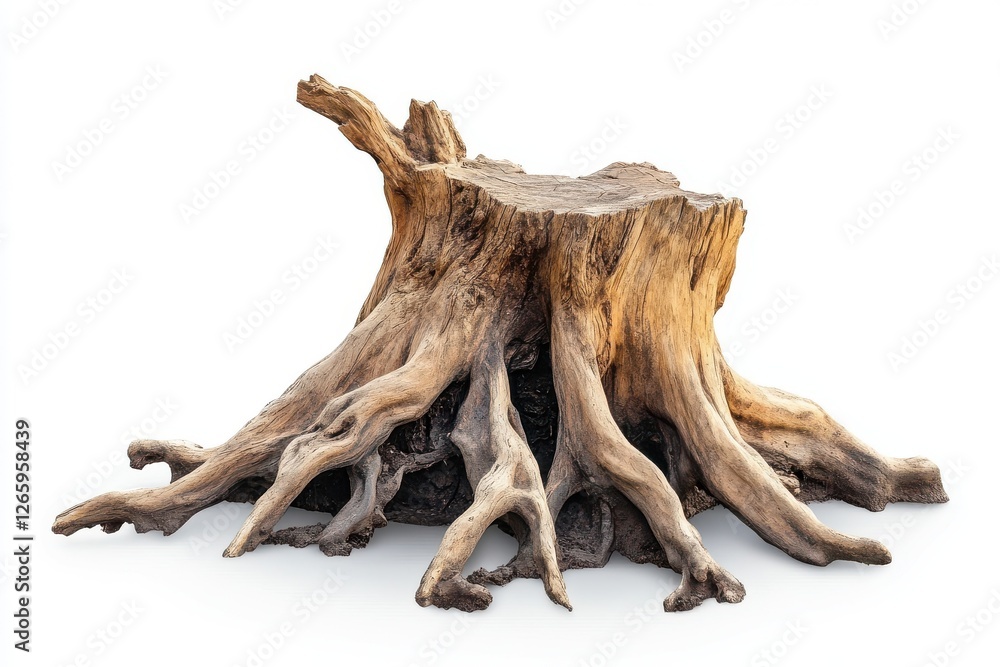Fototapeta premium Old textured tree stump with sprawling roots isolate on white background