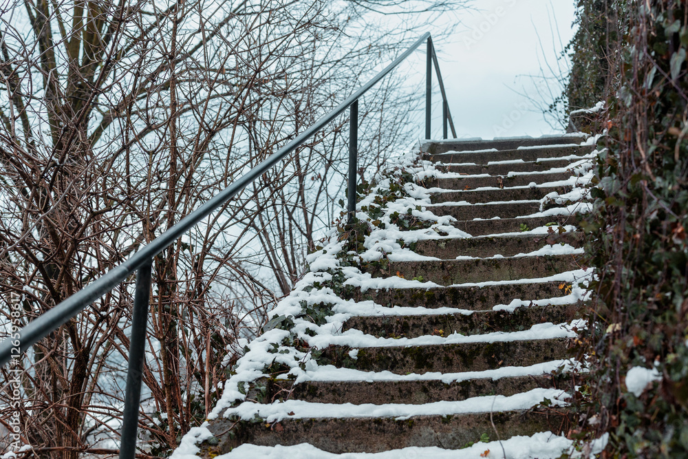 Dangerous and slippery stairs leading up, covered with snow and moss. Leading rail guard is visible on the left.