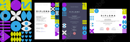 A set of stylish diploma, certificate, and email templates with geometric patterns. Modern minimalism, vibrant colors, and creative design for official awards and mailings.