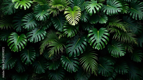 Lush Dark Green Tropical Foliage Wall with Anthurium, Epiphytes, and Ferns – Dense Vibrant Rainforest Background for Cloud Forest and Jungle-Themed Designs