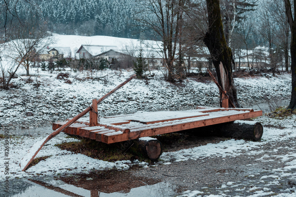 Wooden model of flos or raft which once was used to move people and goods on the savinja river at Ljubno