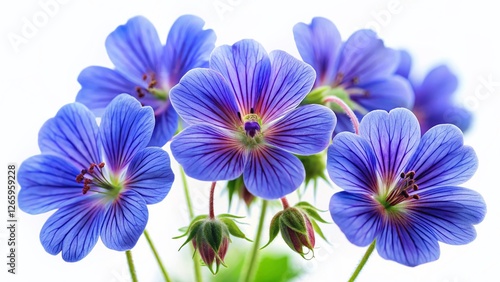 Miniature Blue Cranesbill Geranium Flowers, Tilt-Shift Macro Photography, Isolated on White