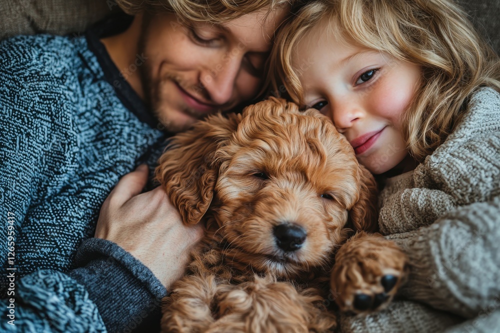 A dad and daughter cuddle a cute puppy, creating a scene of warmth, love, and companionship. A dad and daughter cuddle a cute puppy, creating a scene of warmth, love, and companionship.