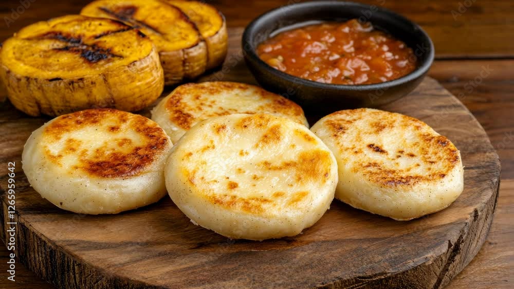 Delicious arepas served with grilled plantains and salsa in a rustic wooden setting Delicious arepas served with grilled plantains and salsa in a rustic wooden setting