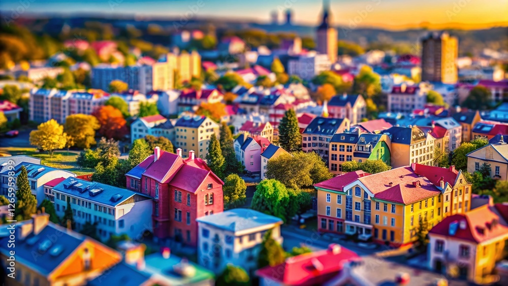 Naklejka premium Miniature Cityscape: Divided Sky, Blue and Pink Tilt-Shift
