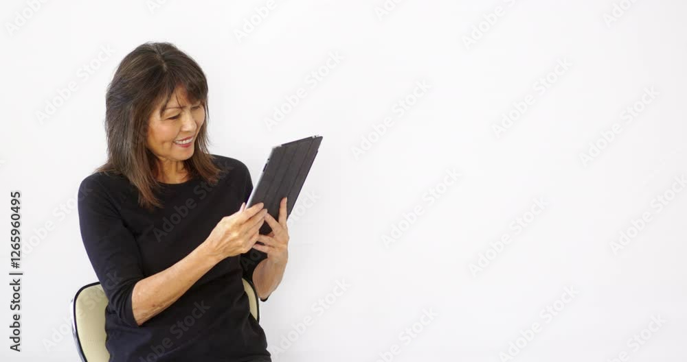 Woman talking mobile tablet video chat isolated from white background communication concept copy space Woman talking mobile tablet video chat isolated from white background communication concept copy space
