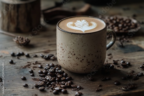 Xícara de cappuccino com latte art detalhada, cercada por grãos de café torrados em uma mesa de madeira rústica, criada com IA generativa para um ambiente acolhedor e artesanal photo