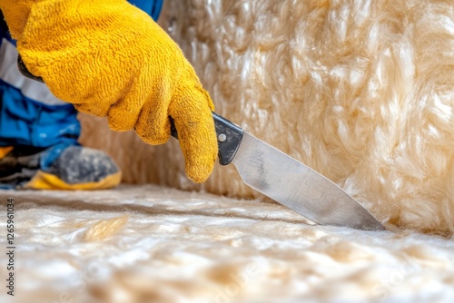 Construction worker cutting a mineral wool panel with a sharp insulation knife, mineral wool ensuring precise fit, mineral wool reinforcing easy installation methods photo