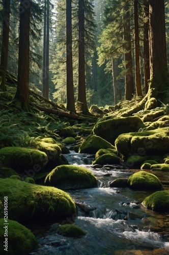 A serene forest scene with moss-covered rocks and a flowing stream illuminated by sunlight.
