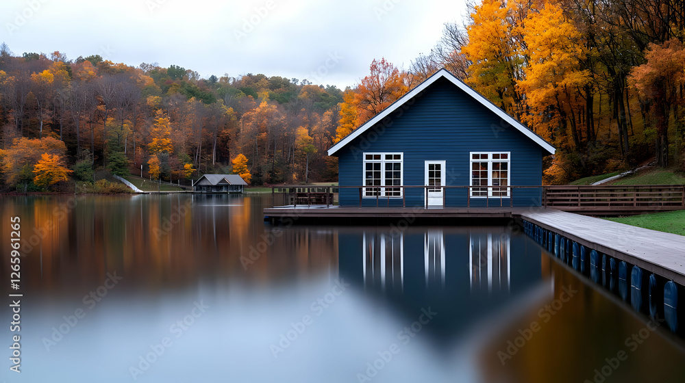Fototapeta premium Lakeside autumn cabin, tranquil reflection, fall foliage