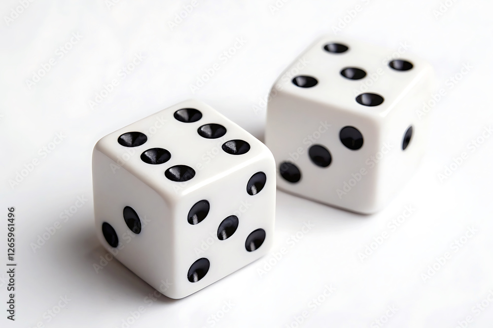 Two Classic Dice Showing a Random Result. Close-up of two cream-colored dice, with black pips, positioned on a plain white background. Two Classic Dice Showing a Random Result. Close-up of two cream-colored dice, with black pips, positioned on a plain white background.