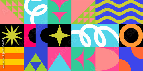 A vibrant geometric pattern collection with dynamic shapes and bright colors. Perfect for modern designs, backgrounds, and abstract visuals with a playful touch.