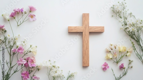 A beautifully designed Christian cross adorned with delicate flowers, symbolizing faith, peace, and spirituality in an elegant vector style.

