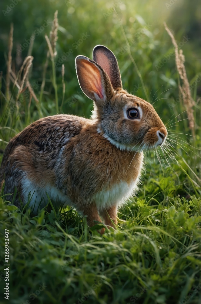 A rabbit sits in a lush green field, showcasing its natural habitat. A rabbit sits in a lush green field, showcasing its natural habitat.