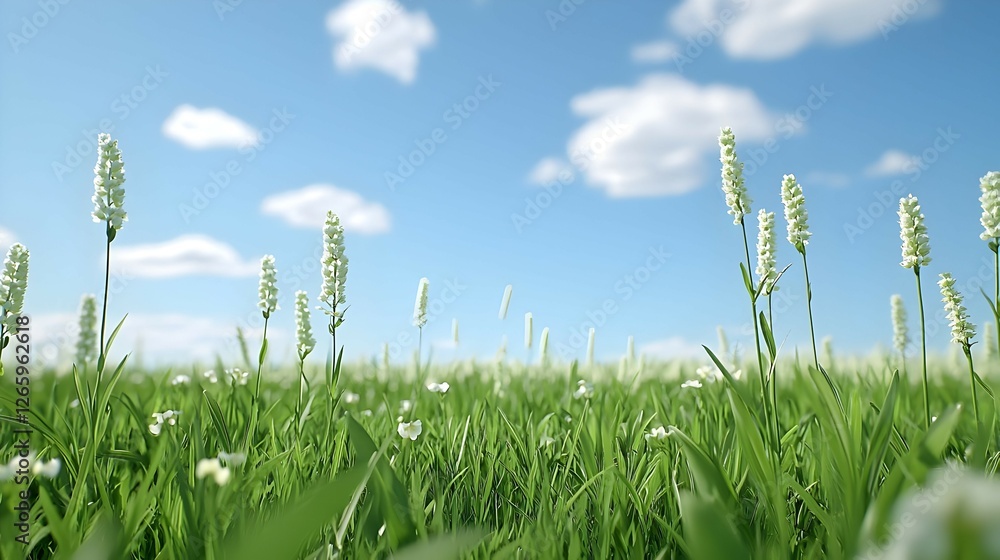 Obraz premium White Wildflowers In Green Grass Field Under Blue Sky With Fluffy Clouds