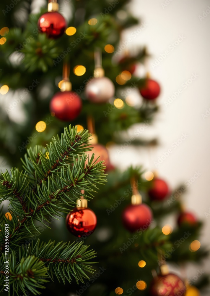 Fototapeta premium Blurred background of dressed up christmas tree close-up of green branches of a christmas tree with new year's toys: red and gold balls christmas tree garland christmas new year bokeh red bokeh abstra