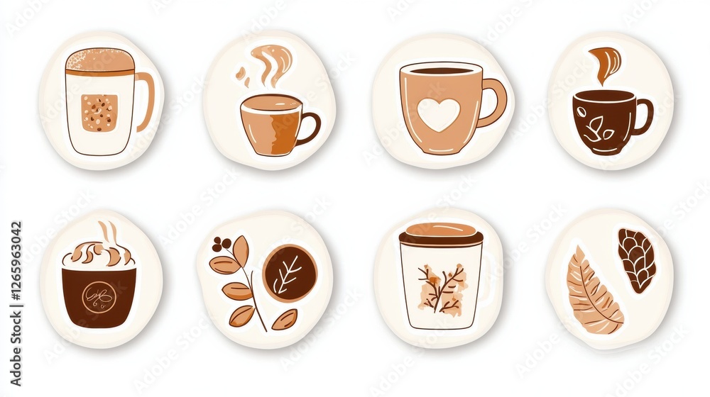 Delightful style stickers featuring various coffee cups and coffee beans in warm tones for cozy designs. Generative AI Delightful style stickers featuring various coffee cups and coffee beans in warm tones for cozy designs. Generative AI