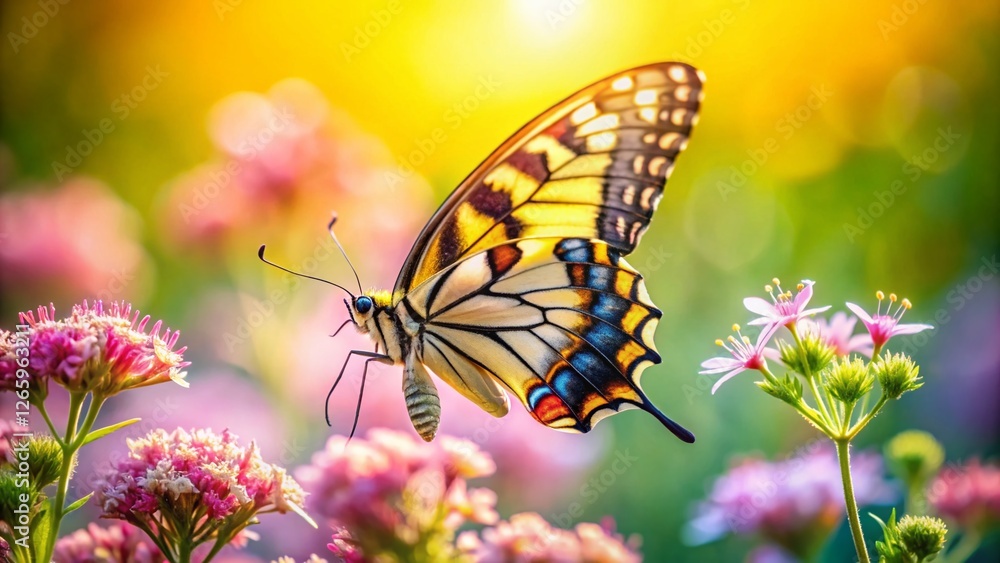 Miniature Papilio Machaon Butterfly on Wildflower, Tilt-Shift Photography Miniature Papilio Machaon Butterfly on Wildflower, Tilt-Shift Photography