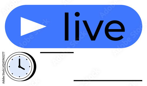 Play button and bold live text in blue paired with a clock icon representing scheduling, time tracking, and live content. Ideal for media, broadcasting, webinars, tutorials, events, digital