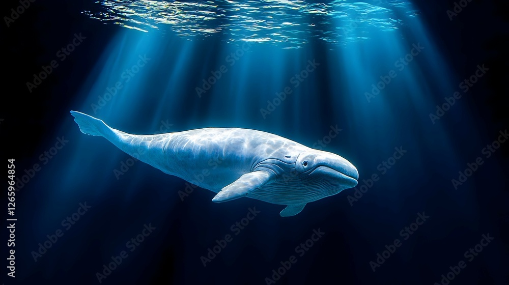 Fototapeta premium Pixel Art Whale Underwater in Dark Blue Ocean with Sunbeams