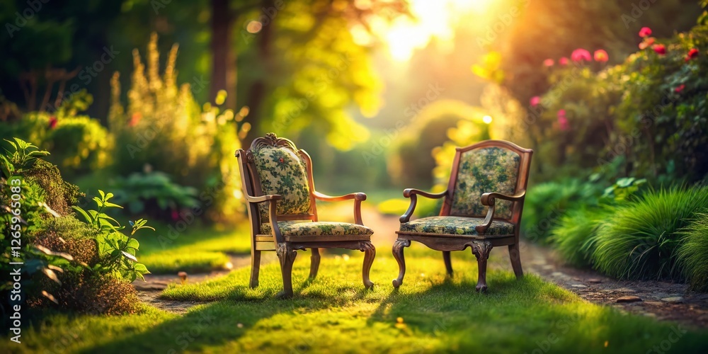 Miniature Two Chairs, Tilt-Shift Garden Scene, Charming Pair of Chairs, Outdoor Seating, Retro Style Miniature Two Chairs, Tilt-Shift Garden Scene, Charming Pair of Chairs, Outdoor Seating, Retro Style