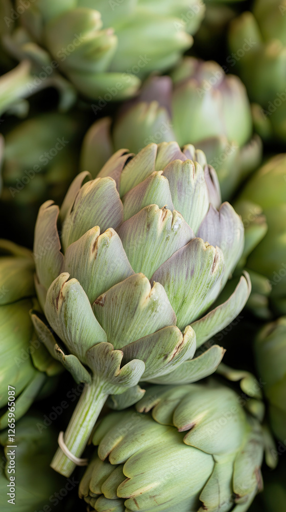 Fototapeta premium Vibrant display of fresh artichokes showcasing unique green and purple hues at a bustling market on a sunny day