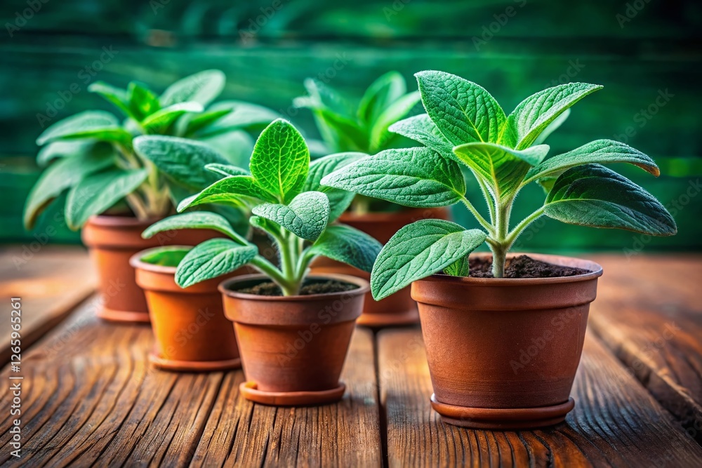 Miniature Vibrant Green Salvia Divinorum Plants in Small Pots on Rustic Wooden Surface - Tilt-Shift Photography Miniature Vibrant Green Salvia Divinorum Plants in Small Pots on Rustic Wooden Surface - Tilt-Shift Photography