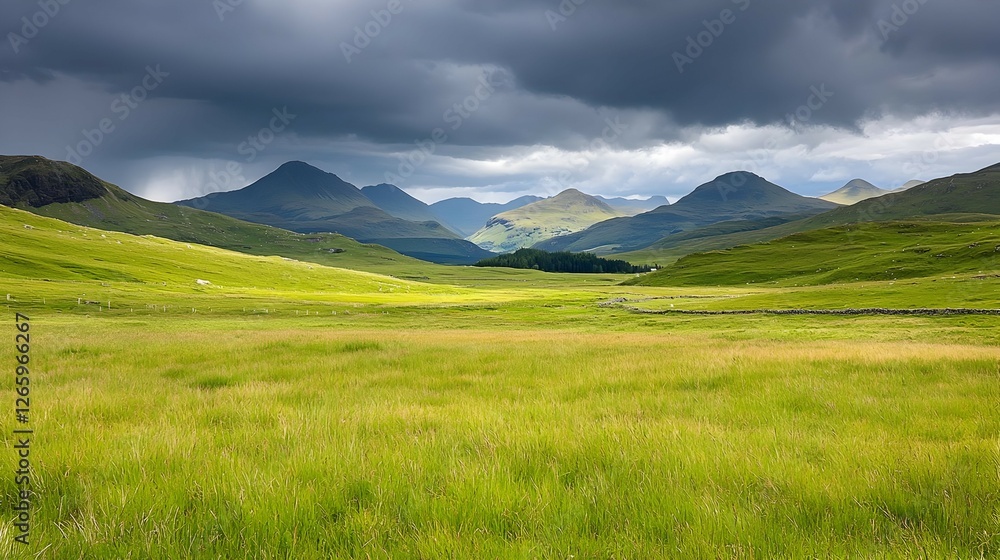 Dramatic Landscape of Rolling Green Hills Under a Stormy Sky Dramatic Landscape of Rolling Green Hills Under a Stormy Sky