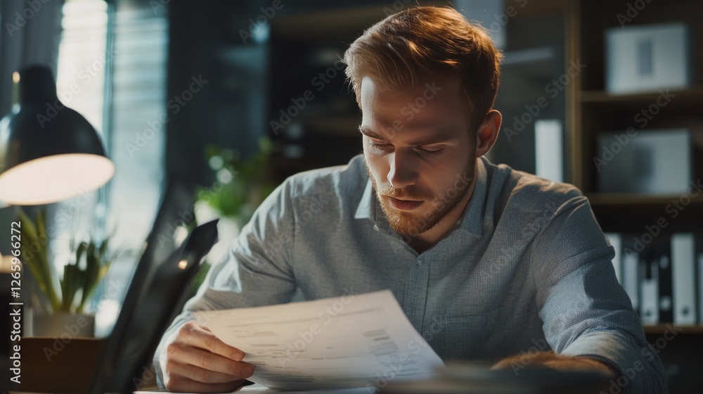 Focused Man Reads Document. Working Late In The Office. Paperwork Concept. Focused Man Reads Document. Working Late In The Office. Paperwork Concept.