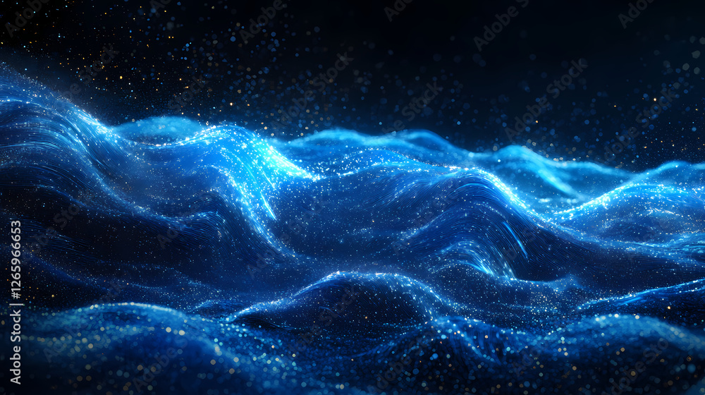 Fototapeta premium Glowing blue ocean waves on a dark canvas with sparkles and glitter, waves, futuristic, sea. Holographic Ocean Waves. Illustration