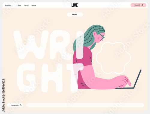 Writing people, modern flat vector concept illustration- sitting woman thoughtfully writing on laptop, bubble near head Metaphor for reflection, personal insight, contemplation, creative expression