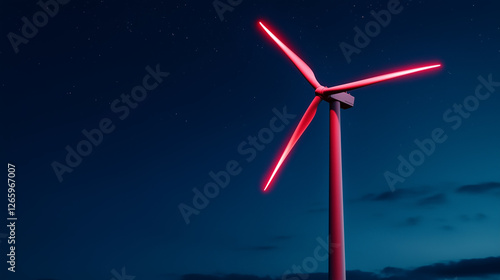 Modern wind turbine illuminated in a vibrant red glow against the serene night sky, symbolizing renewable energy and sustainability.