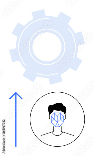 Gear symbolizing system operation, upward arrow for progress, human head outline with facial recognition grid. Ideal for AI, tech, biometrics, innovation, security, automation futuristic themes