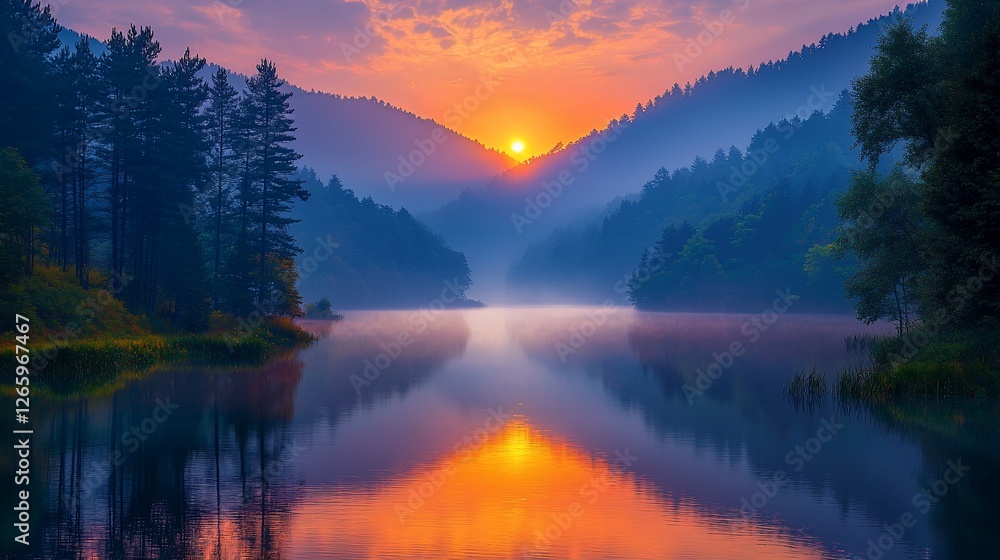Fototapeta premium Sunrise over misty mountain lake, scenic reflection