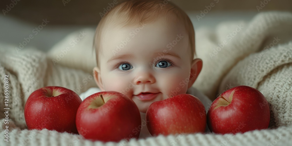 Adorable baby playing with red apples indoors on a cozy blanket in natural light Adorable baby playing with red apples indoors on a cozy blanket in natural light