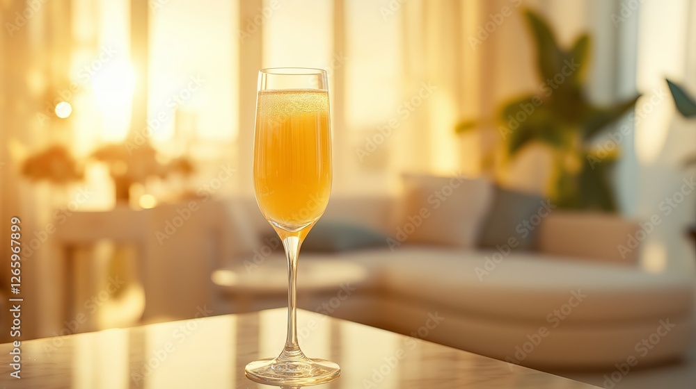 A refreshing Mimosa cocktail in a champagne flute, set on a marble countertop in a modern living room filled with warm natural sunlight. A refreshing Mimosa cocktail in a champagne flute, set on a marble countertop in a modern living room filled with warm natural sunlight.