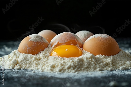 Eggs and flour create a base for baking in a dimly lit kitchen