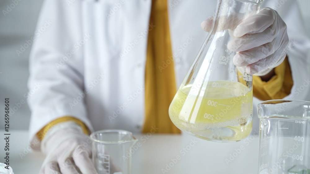 A scientist wearing white protective gloves is shaking up a yellow chemical solution inside an Erlenmeyer flask in a laboratory set, close up. Science and medicine concepts A scientist wearing white protective gloves is shaking up a yellow chemical solution inside an Erlenmeyer flask in a laboratory set, close up. Science and medicine concepts