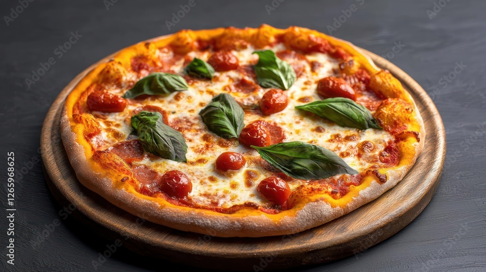 Delicious Pizza With Tomatoes Basil And Mozzarella On Wooden Board Delicious Pizza With Tomatoes Basil And Mozzarella On Wooden Board