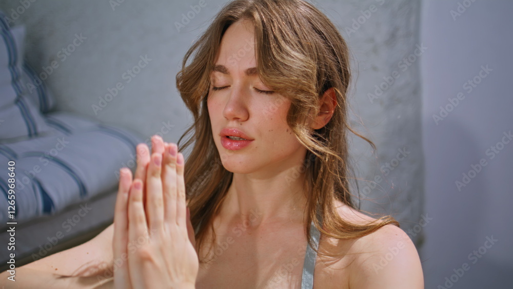 Closeup peaceful woman meditating making namaste pose outdoors. Yogi breathing Closeup peaceful woman meditating making namaste pose outdoors. Yogi breathing