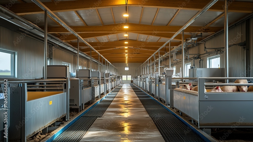 Obraz premium Modern pig farm interior showing rows of pig housing units