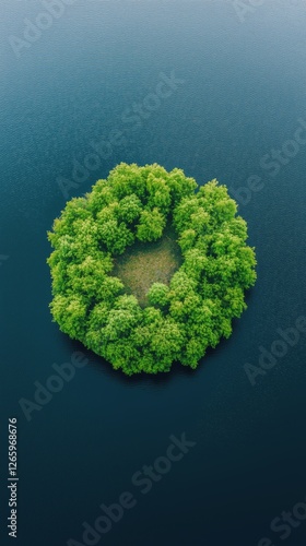 Green circular island in the middle of calm waters reflecting a serene landscape