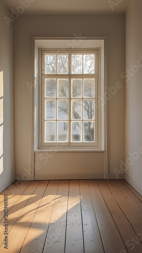 Natural light streaming through a window in a minimalist room with wooden flo...
