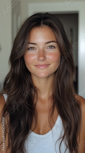 Smiling woman with long dark hair posing indoors in bright, natural light