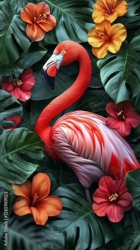 Colorful flamingo among tropical flowers and lush green leaves in vibrant nat...