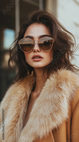 Elegant woman in sunglasses with fur coat outdoors during daytime
