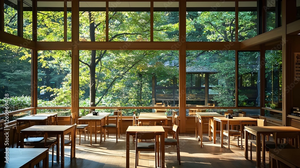 Fototapeta premium Sunlit Restaurant Interior with Wooden Tables and Green Tree Views