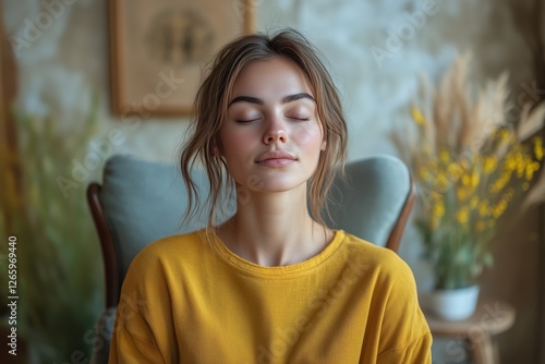 Woman meditating in cozy indoor space surrounded by plants and warm light